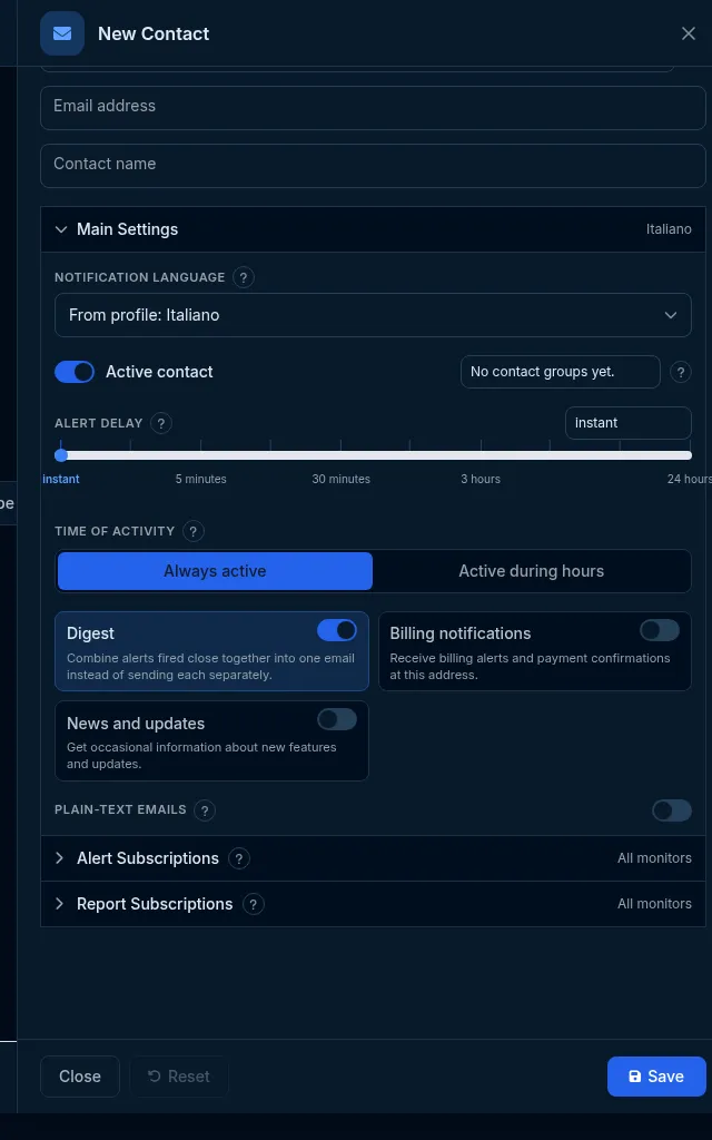 The email contact editor, with Main Settings expanded to show language, alert delay, active hours and digest.