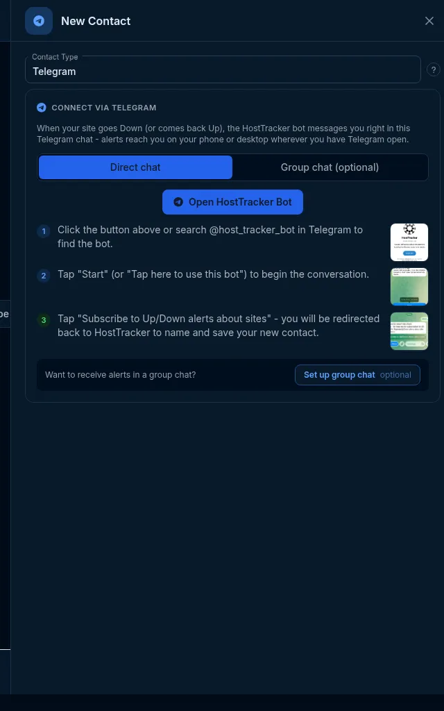 The Telegram connect flow: Direct chat / Group chat tabs, an Open HostTracker Bot button, and three numbered steps.