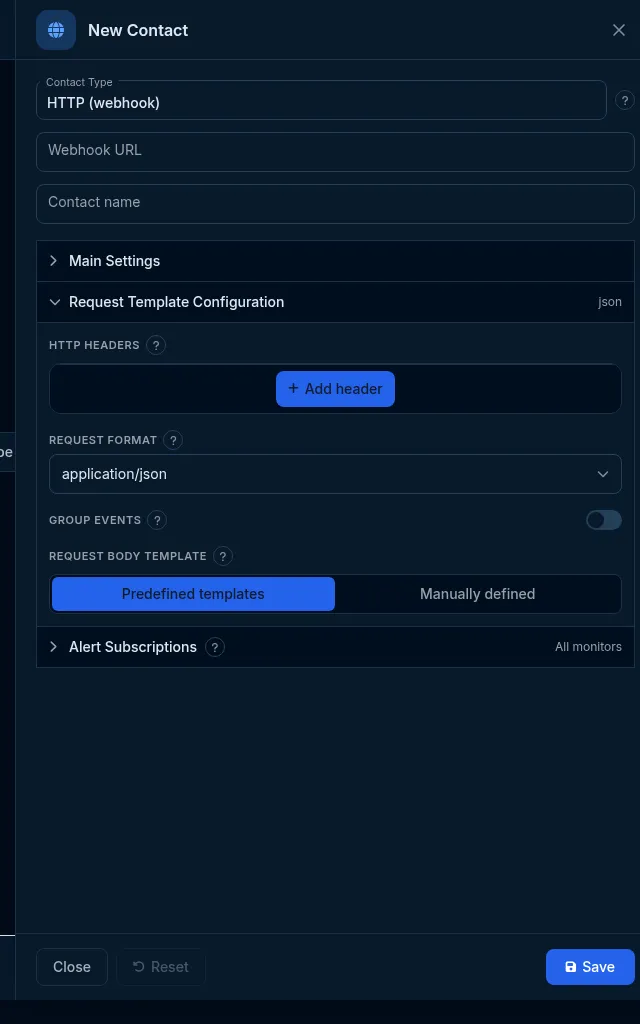 The Request Template Configuration group: HTTP headers, request format, group events and body template.