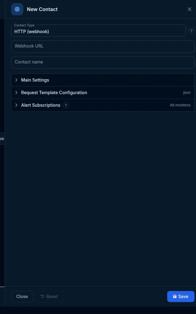 The webhook contact editor: type, Webhook URL, and the Request Template Configuration group.
