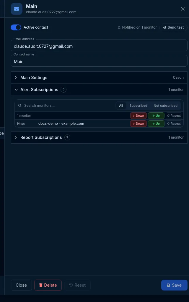 A contact’s Alert Subscriptions tab: the per-monitor grid with Down, Up and Repeat toggles, search and filters.