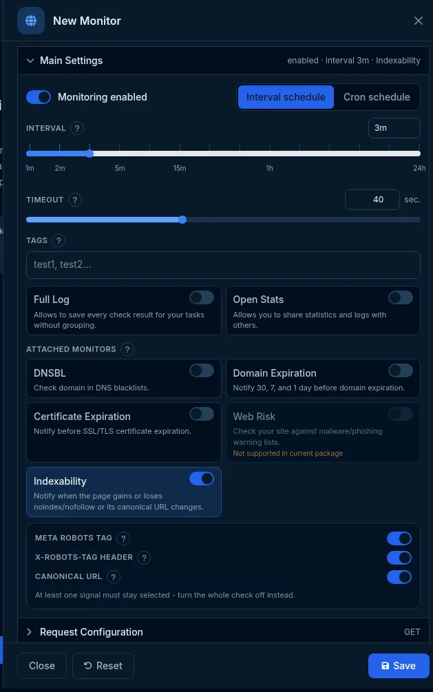 The Main Settings group of a Website monitor, showing the Attached monitors toggles and Indexability.