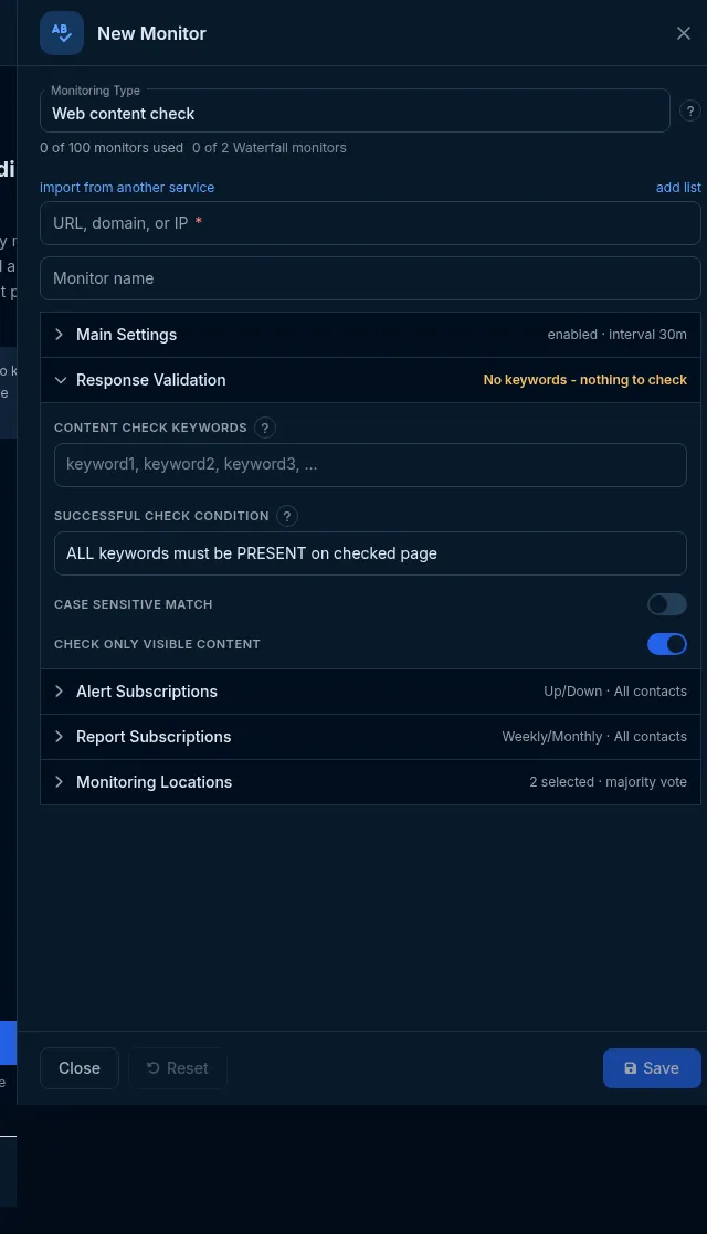 The Content check editor: content-check keywords, the successful-check condition, and case/visible toggles.