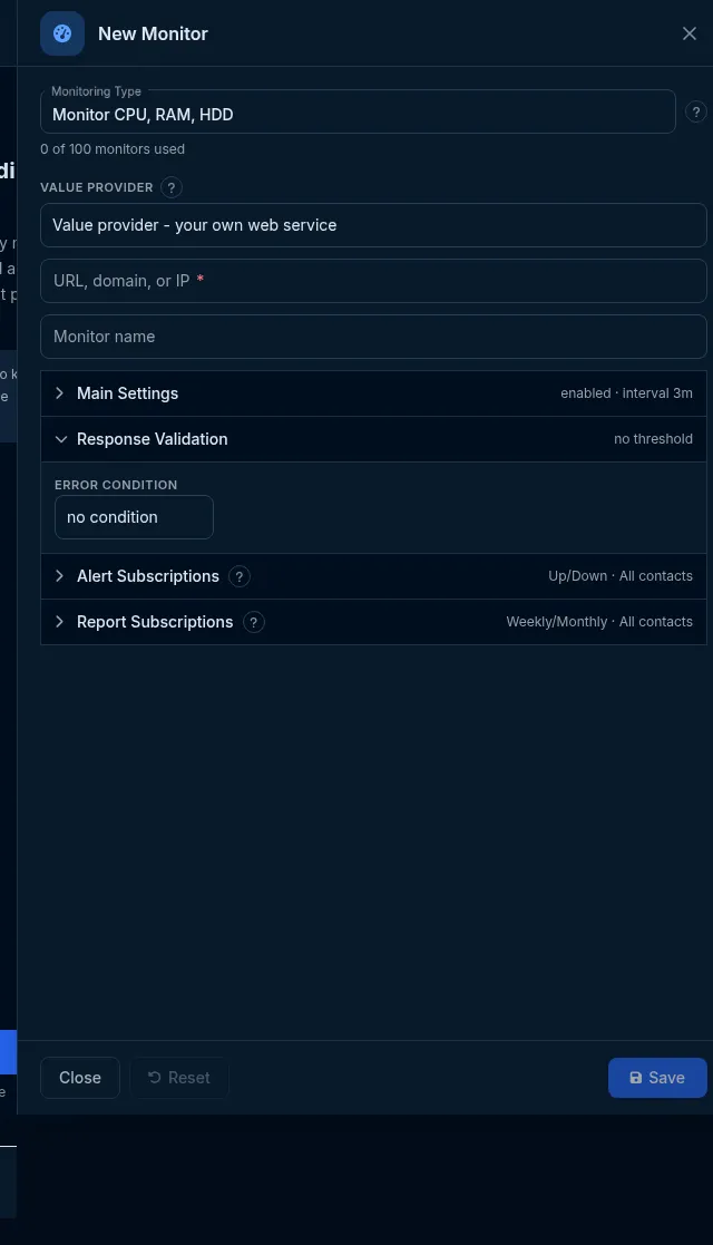 The Counter editor: the Value provider dropdown, your web service URL, and the Response Validation Error condition.