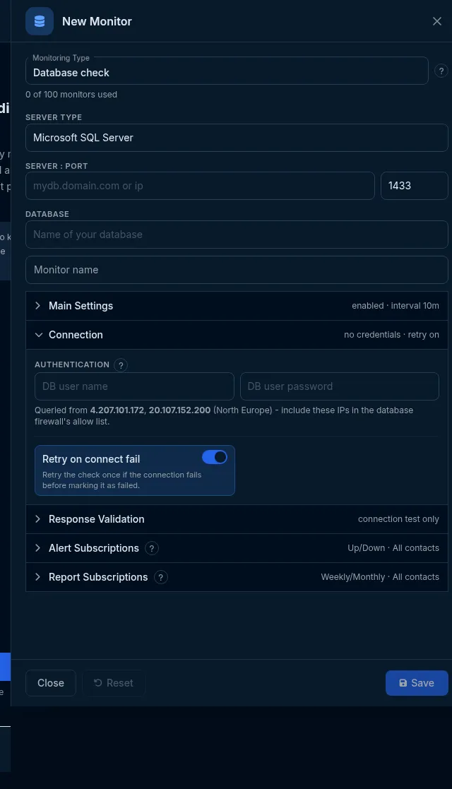 The Database editor: server type, host, port, database, and the Connection group with auth, the source IPs to allow-list, and retry.