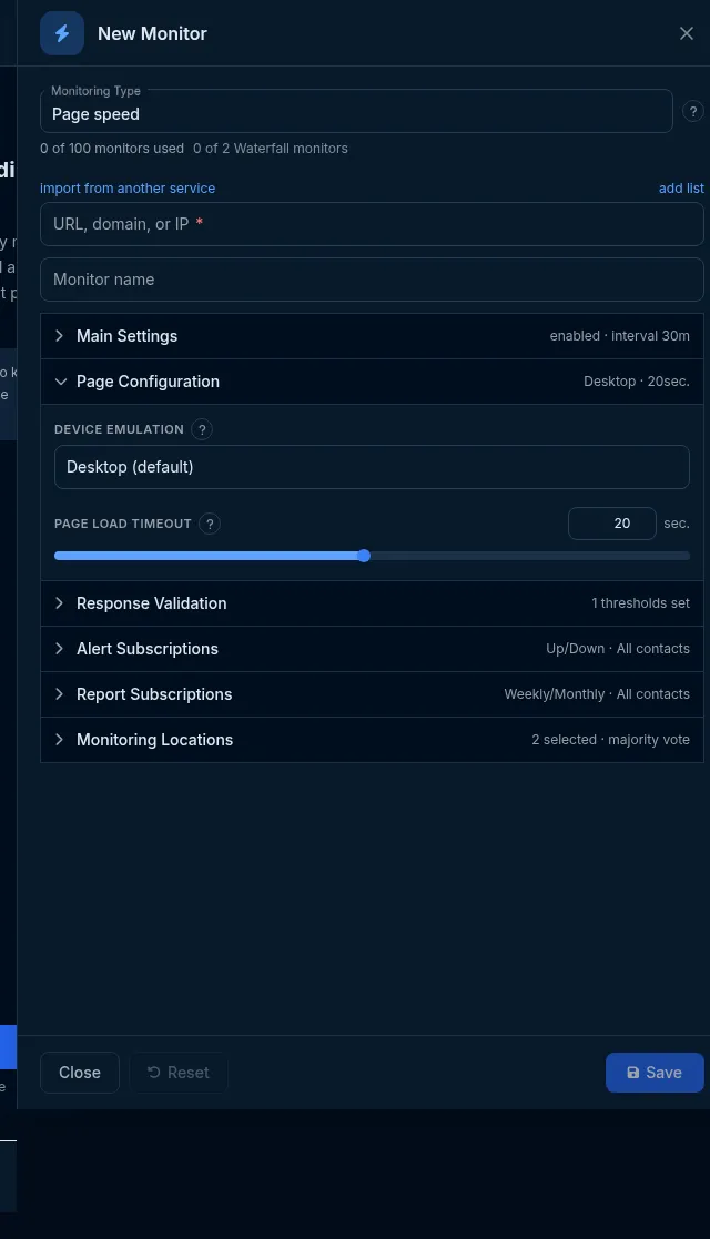The Page speed editor: the Page Configuration group with Device emulation and Page load timeout.