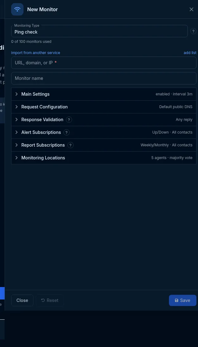 The Ping editor: address field plus the standard Main Settings, Request Configuration, Response Validation and Locations groups.