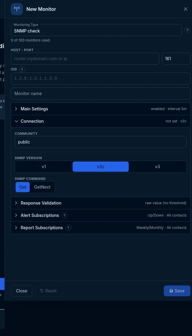 The SNMP editor: host, port 161, OID, and the Connection group with community, SNMP version and command.
