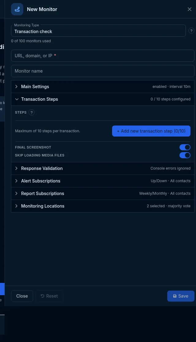 The Transaction editor: the Transaction Steps group with Add new transaction step, Final screenshot and Skip loading media files.