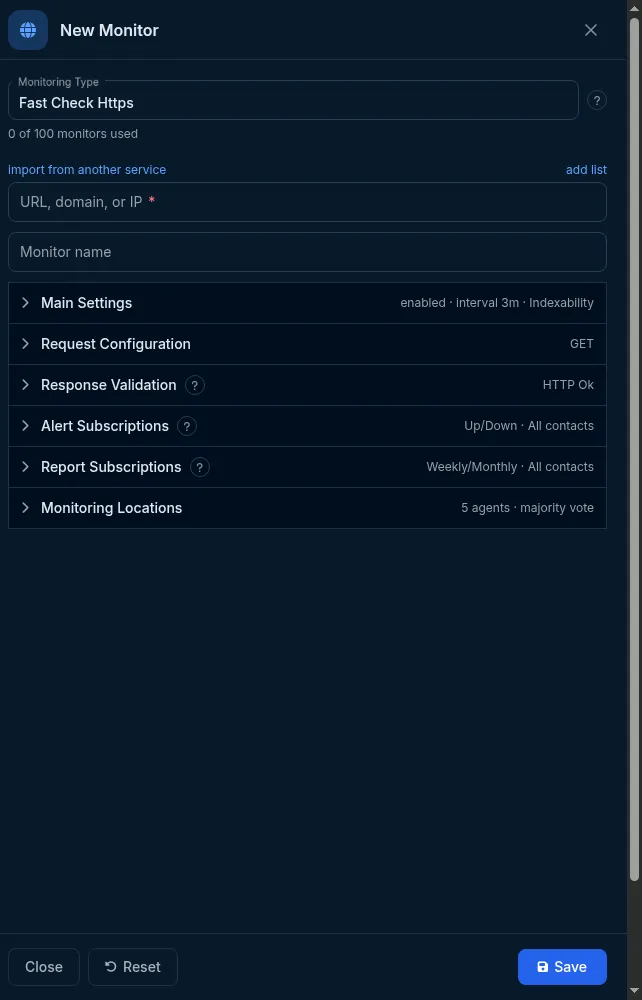 The New Monitor panel, where you enter the URL and configure the check.