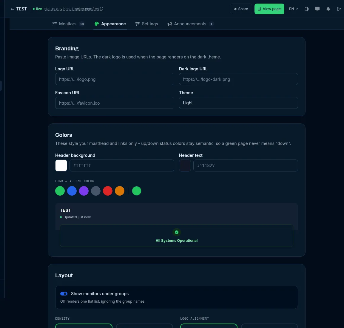 The status page Appearance tab: branding, colours with a live preview, and layout.