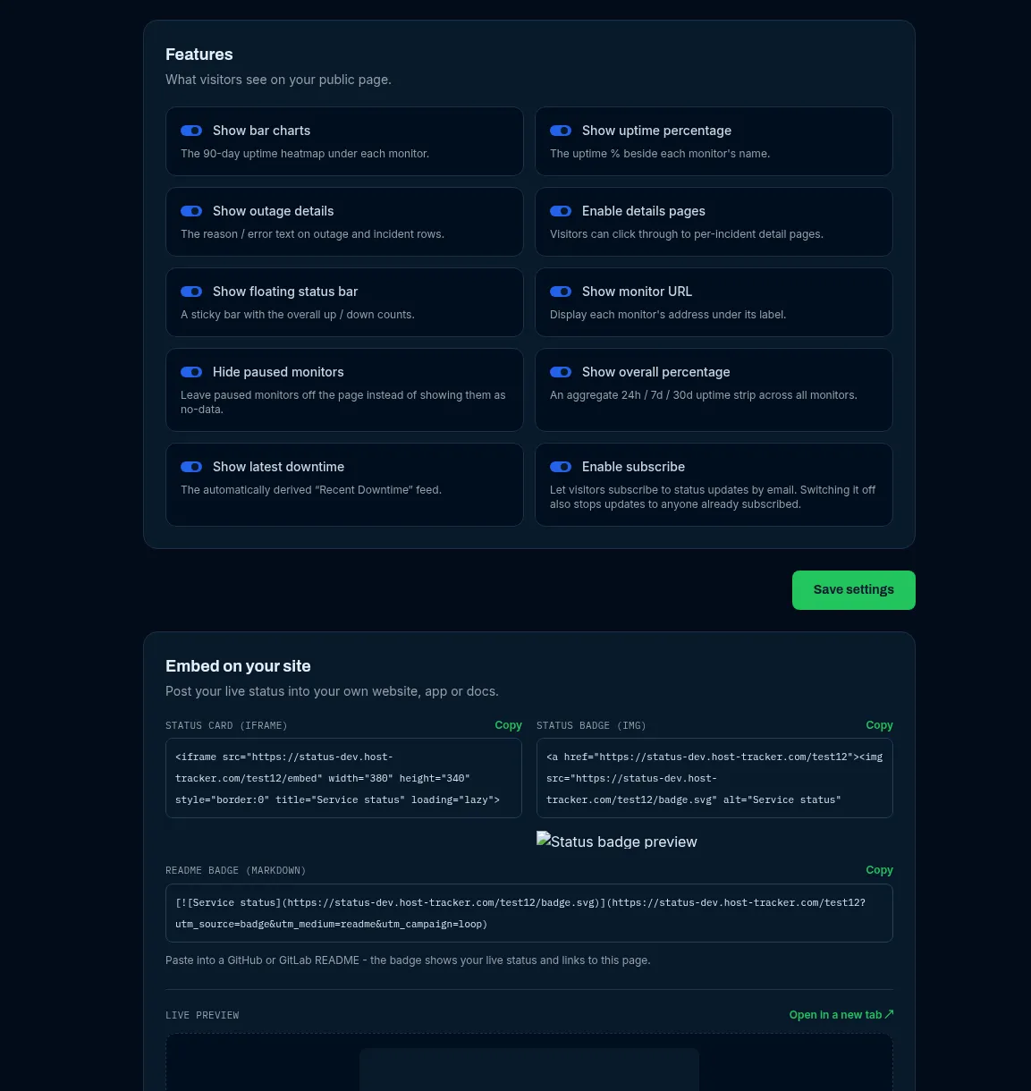 The Features toggles and the Embed on your site block, with ready-to-copy card, badge and README snippets.